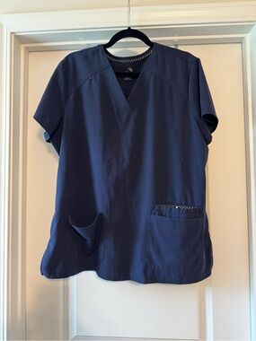 Koi Navy V-Neck Scrub Top with Patterned Neck Trim